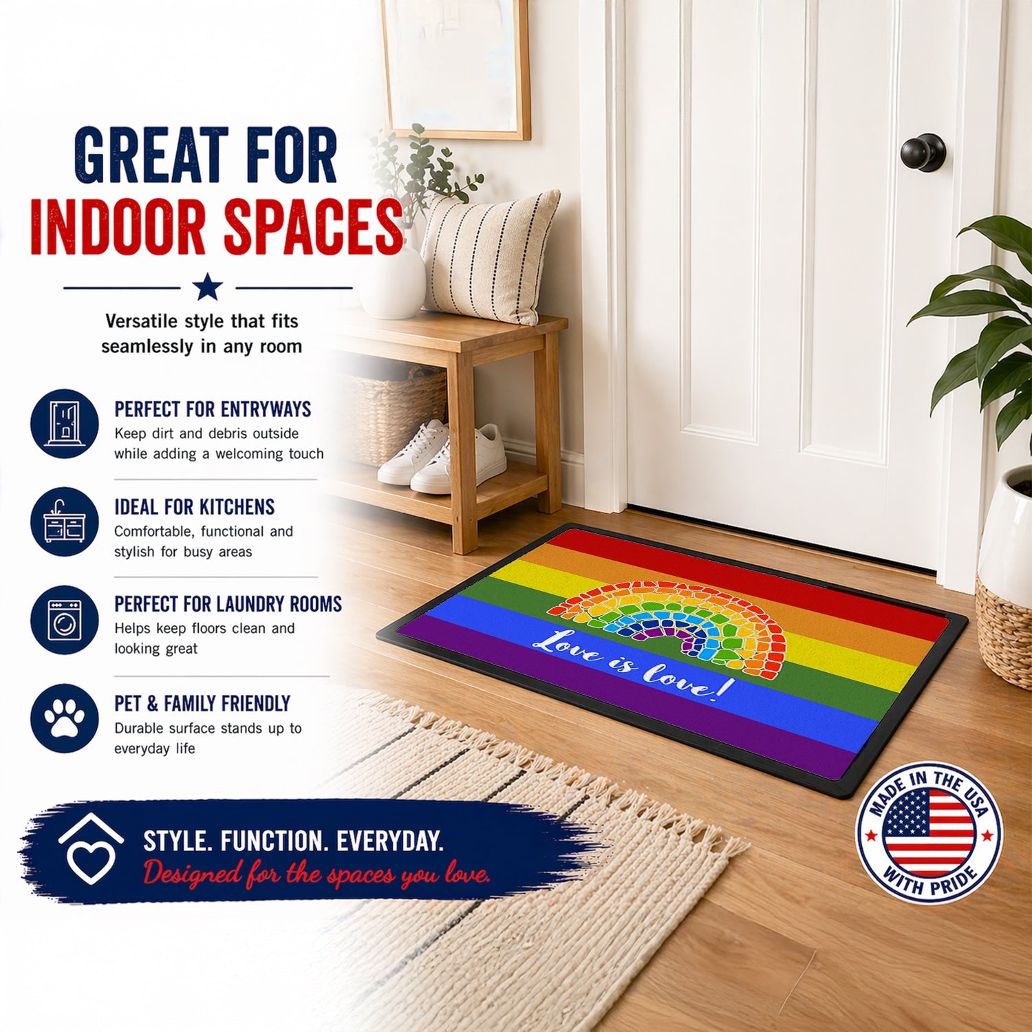 Gay Pride Love is Love Mosaic Rainbow Doormat Indoor Outdoor 24H X 36W Front Door Mat Rugs for Entryway, Non Slip Washable Low Pile,