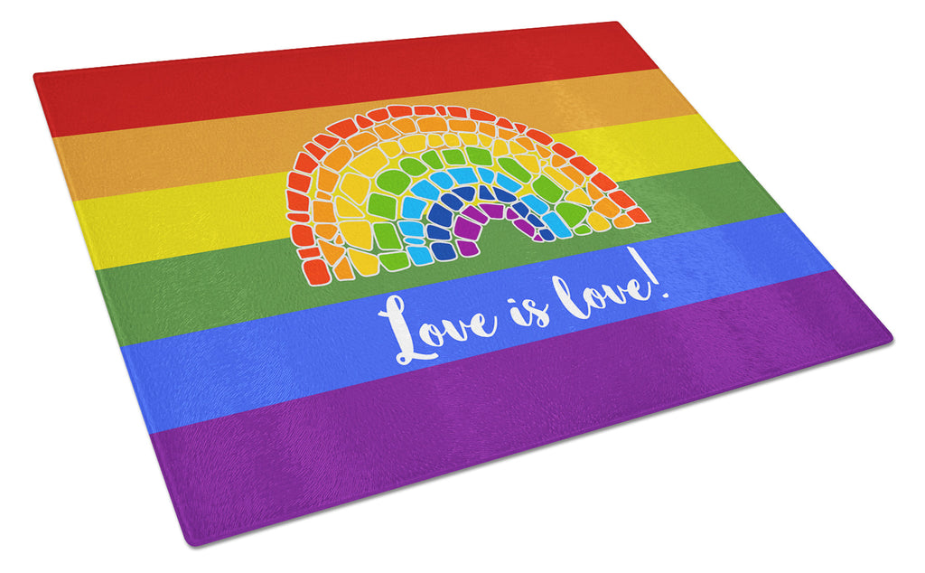 Gay Pride Love is Love Mosaic Rainbow Cutting Board Tempered Glass Kitchen Cutting Surface, Heat Resistant Chopping, Non-Slip Feet, Food Prep & Serving