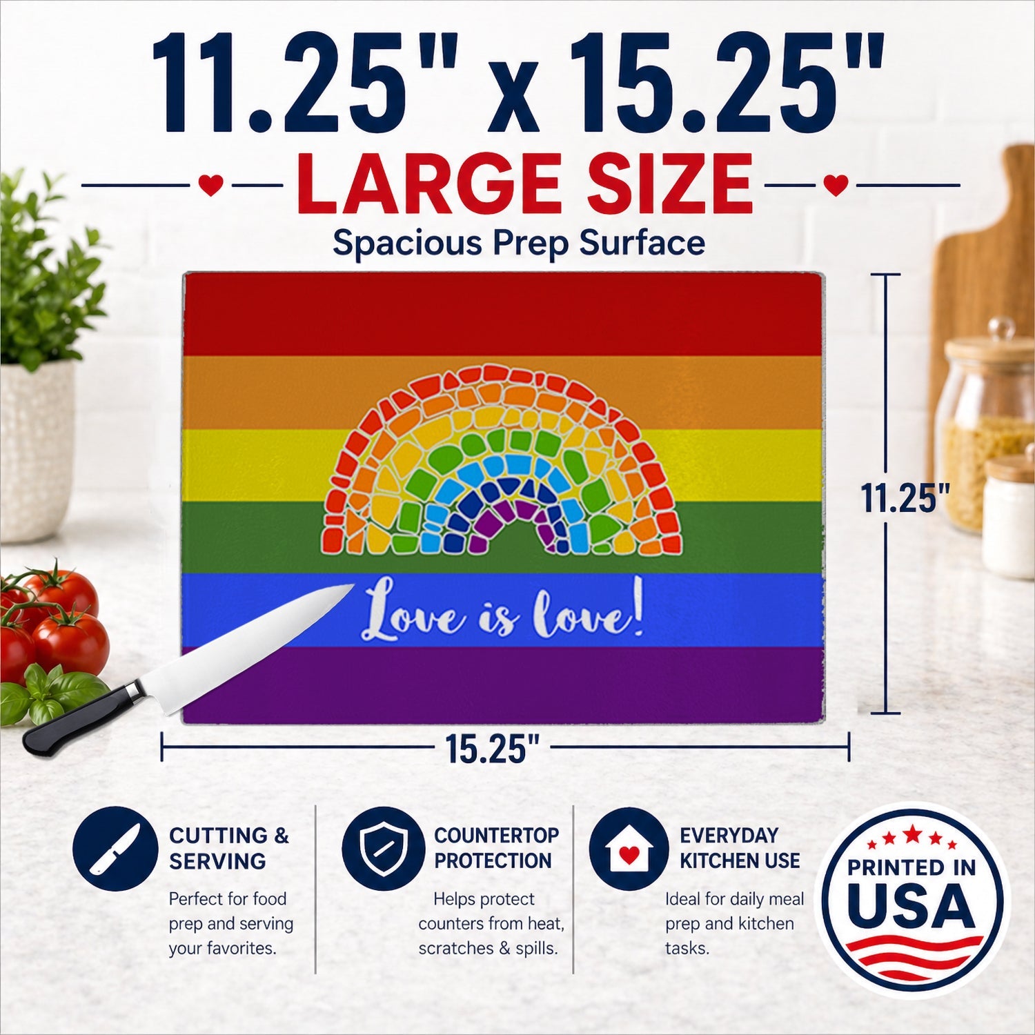 Gay Pride Love is Love Mosaic Rainbow Cutting Board Tempered Glass Kitchen Cutting Surface, Heat Resistant Chopping, Non-Slip Feet, Food Prep & Serving