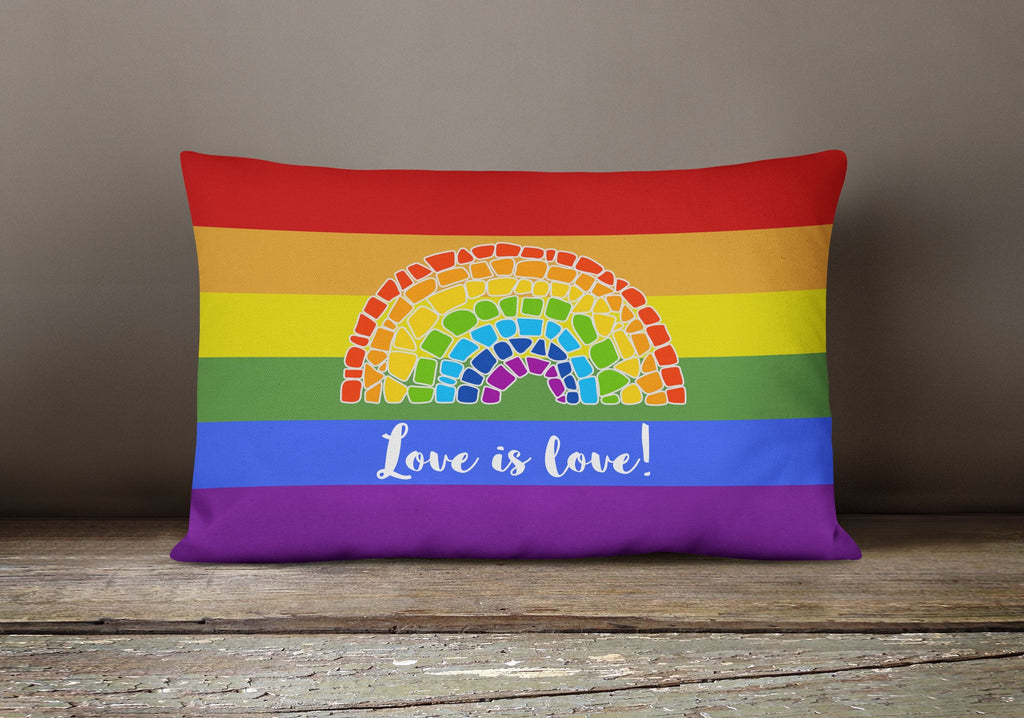 Gay Pride Love is Love Mosaic Rainbow Decorative Throw Pillow 12x16 Indoor Outdoor Accent Cushion, Fabric Cover with Insert for Sofa, Bed, Porch & Living Room