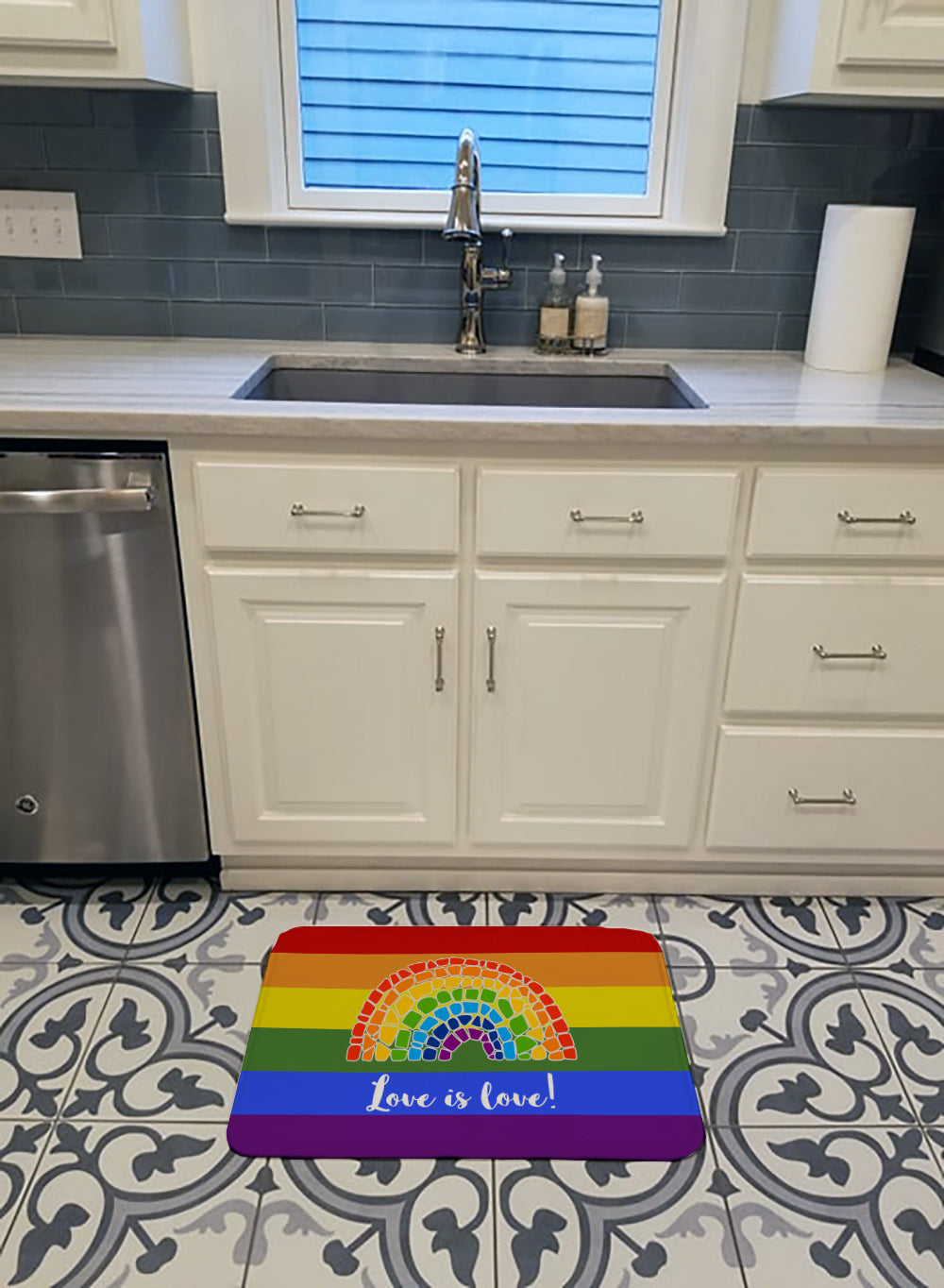 Gay Pride Love is Love Mosaic Rainbow Memory Foam Kitchen Mat Machine Washable Anti-Fatigue Cushion Comfort Bath or Kitchen Rug