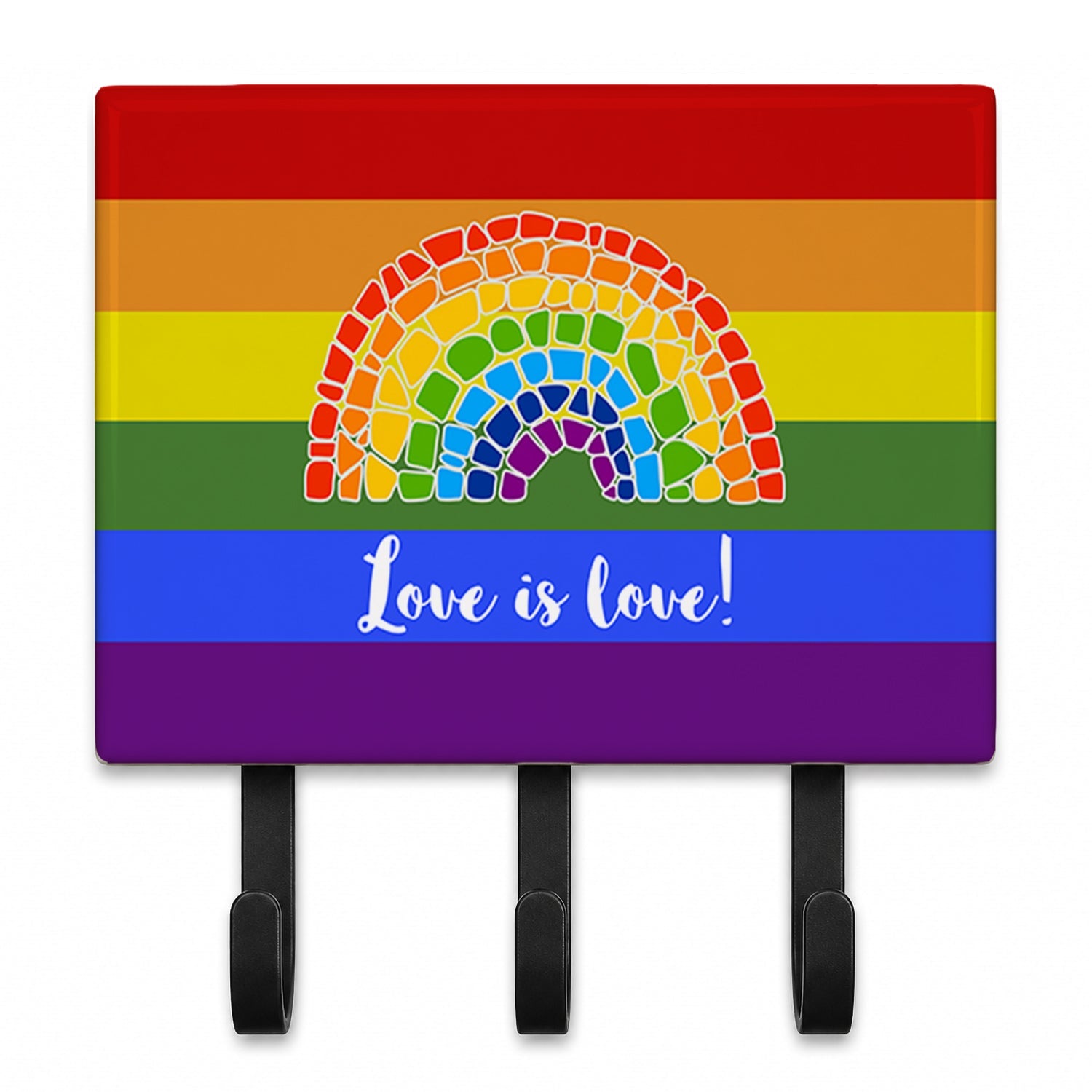 Gay Pride Love is Love Mosaic Rainbow Leash or Key Holder Wall Hooks, Coat Rack Wall Mount, for Hanging Keys, Towels, Aprons, Leashes