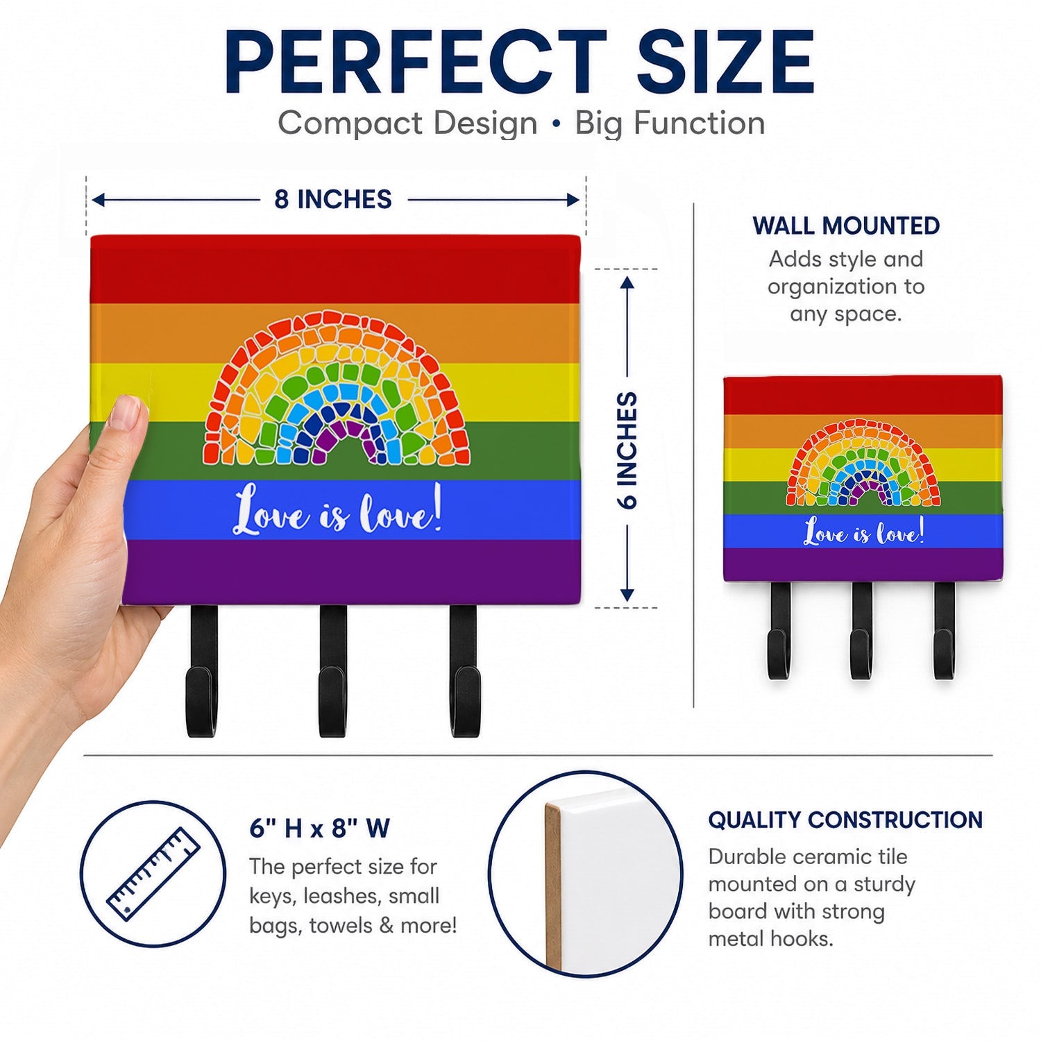 Gay Pride Love is Love Mosaic Rainbow Leash or Key Holder Wall Hooks, Coat Rack Wall Mount, for Hanging Keys, Towels, Aprons, Leashes