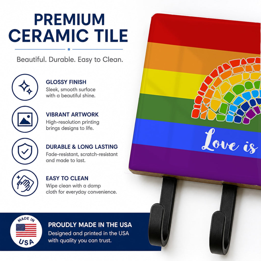 Gay Pride Love is Love Mosaic Rainbow Leash or Key Holder Wall Hooks, Coat Rack Wall Mount, for Hanging Keys, Towels, Aprons, Leashes