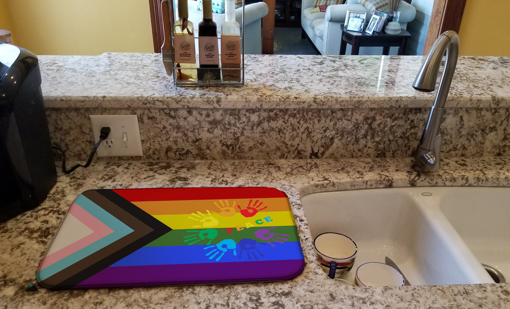 Gay Pride Peace Hands Progress Pride Dish Drying Mat Absorbent Dish Drying Mat Pad for Kitchen Counter Dish Drainer Mat for Countertop, 14 x 21", Multicolor
