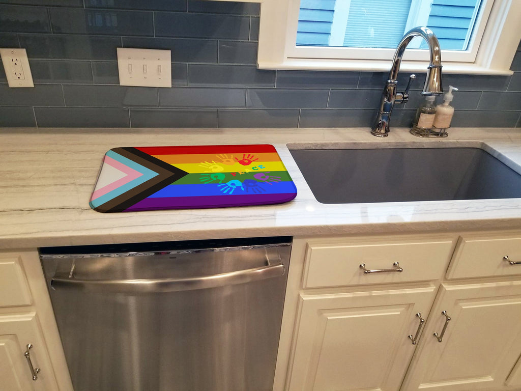 Gay Pride Peace Hands Progress Pride Dish Drying Mat Absorbent Dish Drying Mat Pad for Kitchen Counter Dish Drainer Mat for Countertop, 14 x 21", Multicolor