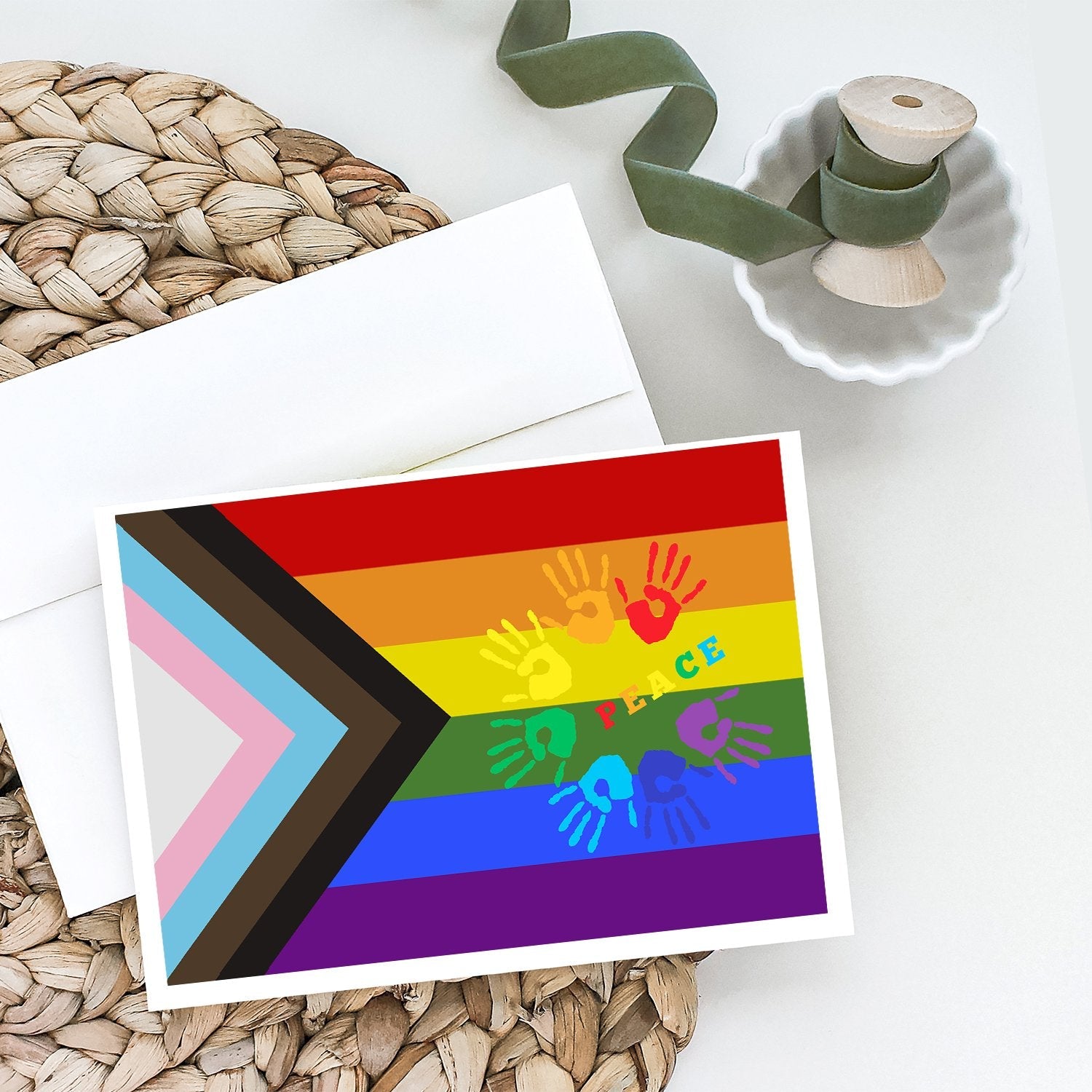 Gay Pride Peace Hands Progress Pride Greeting Cards Pack of 8 Blank Cards with Envelopes Whimsical A7 Size 5x7