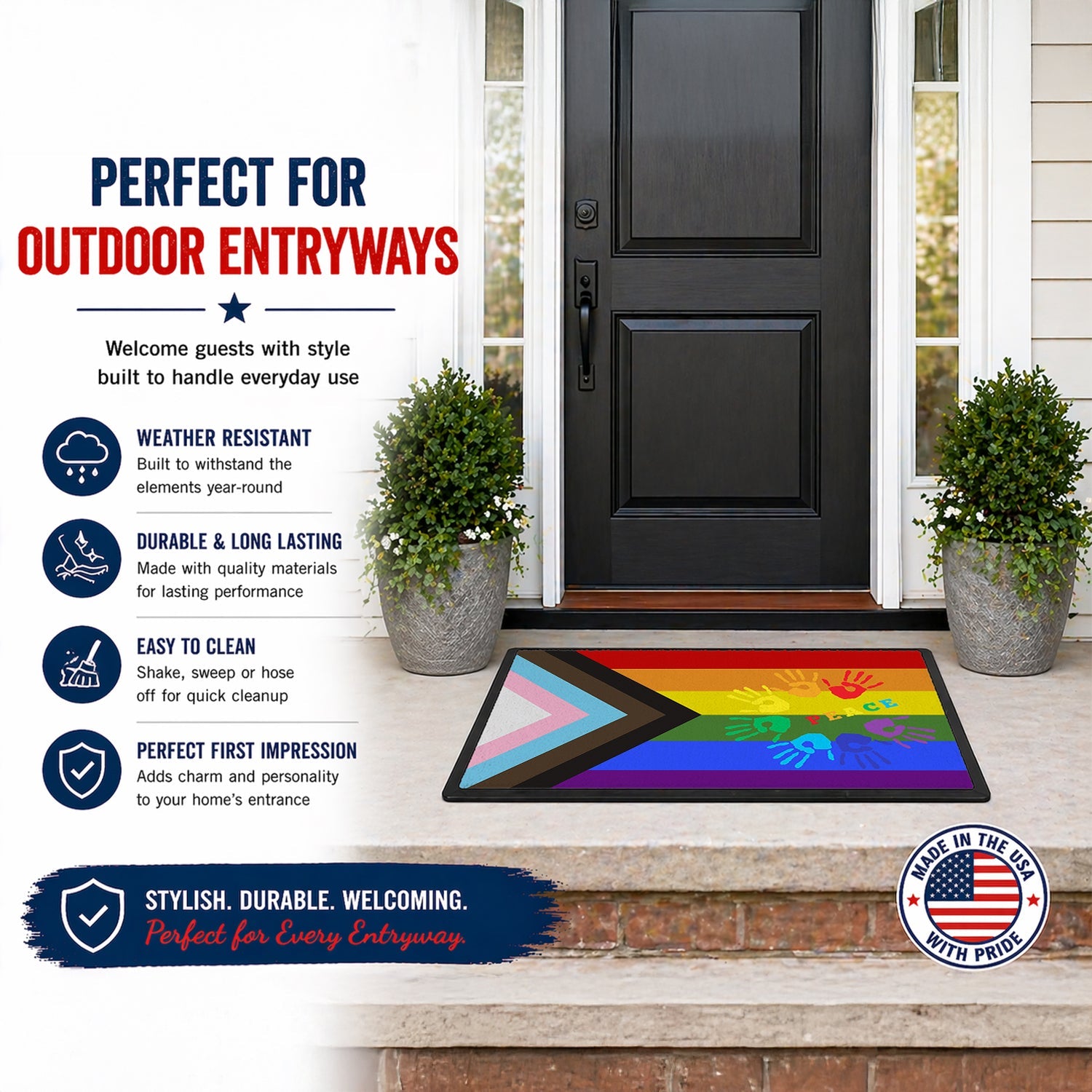 Gay Pride Peace Hands Progress Pride Doormat Indoor Outdoor 24H X 36W Front Door Mat Rugs for Entryway, Non Slip Washable Low Pile,