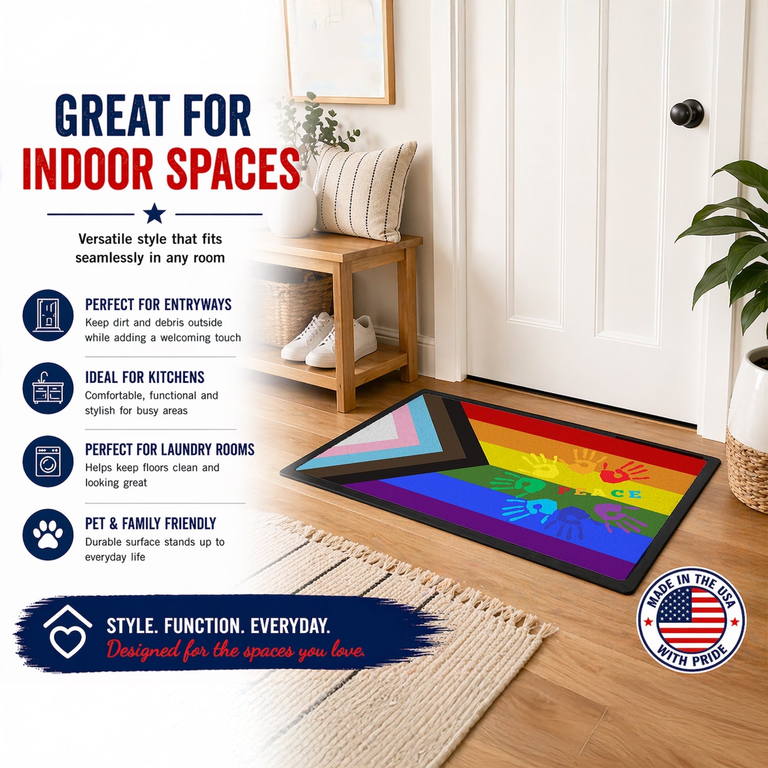 Gay Pride Peace Hands Progress Pride Doormat Indoor Outdoor 24H X 36W Front Door Mat Rugs for Entryway, Non Slip Washable Low Pile,