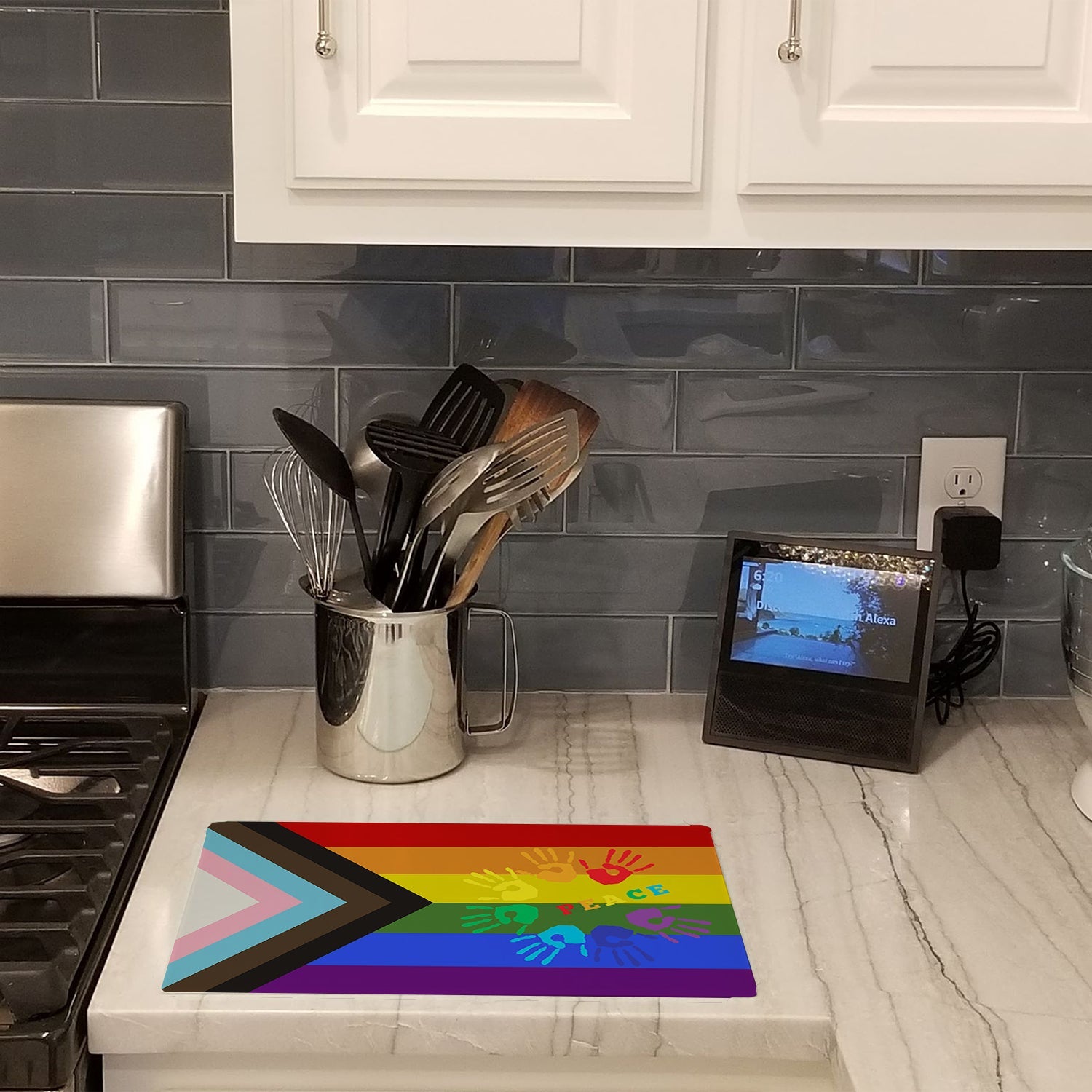 Gay Pride Peace Hands Progress Pride Cutting Board Tempered Glass Kitchen Cutting Surface, Heat Resistant Chopping, Non-Slip Feet, Food Prep & Serving