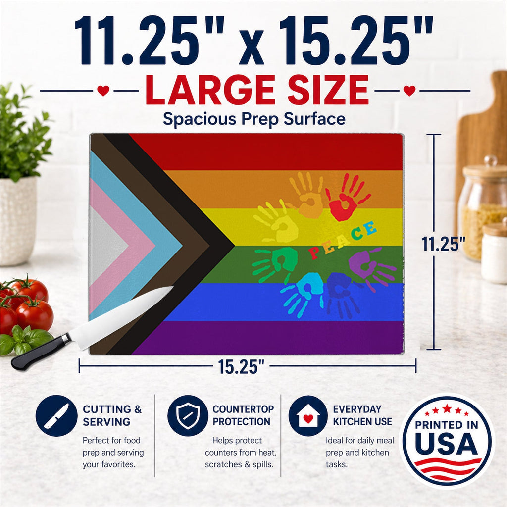 Gay Pride Peace Hands Progress Pride Cutting Board Tempered Glass Kitchen Cutting Surface, Heat Resistant Chopping, Non-Slip Feet, Food Prep & Serving