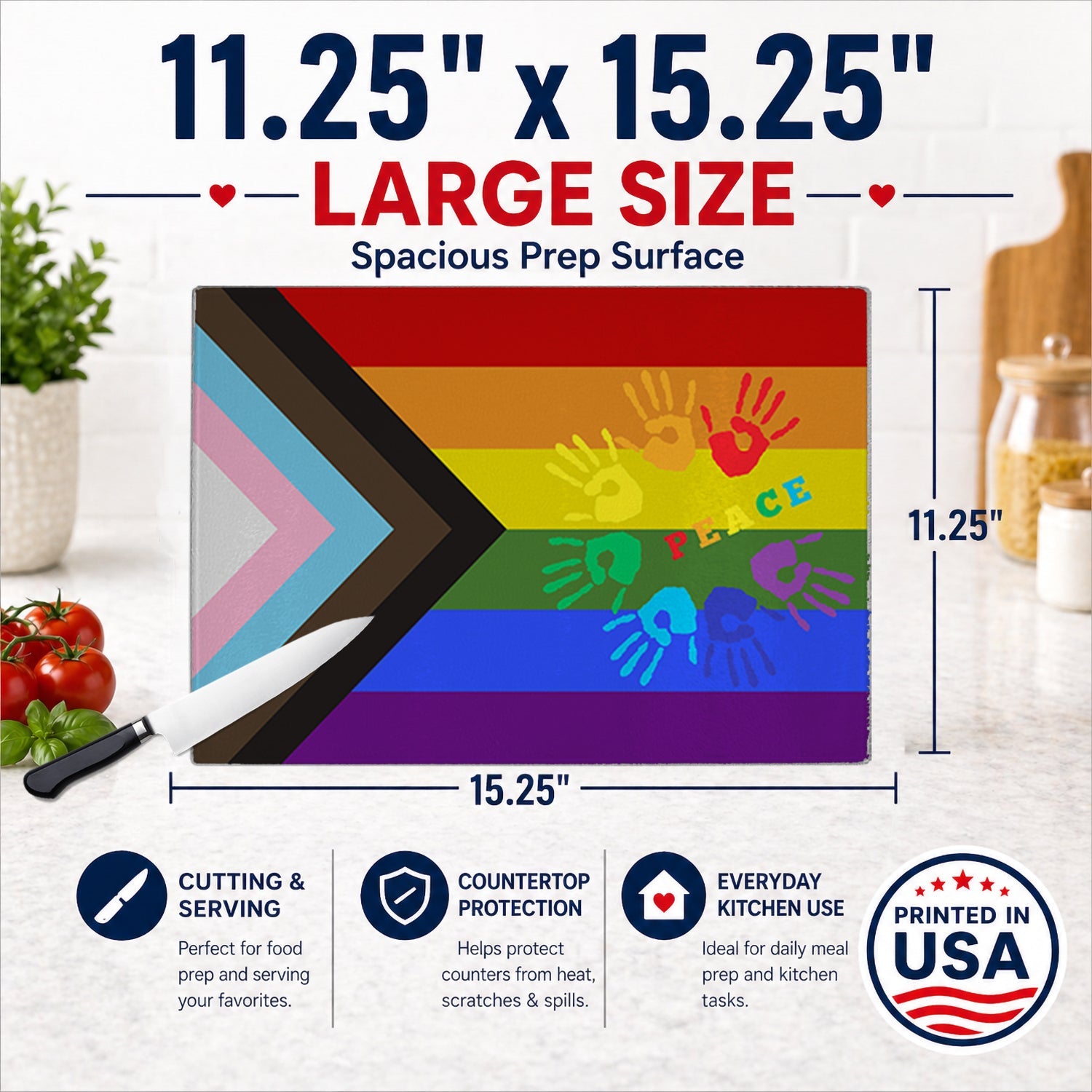 Gay Pride Peace Hands Progress Pride Cutting Board Tempered Glass Kitchen Cutting Surface, Heat Resistant Chopping, Non-Slip Feet, Food Prep & Serving