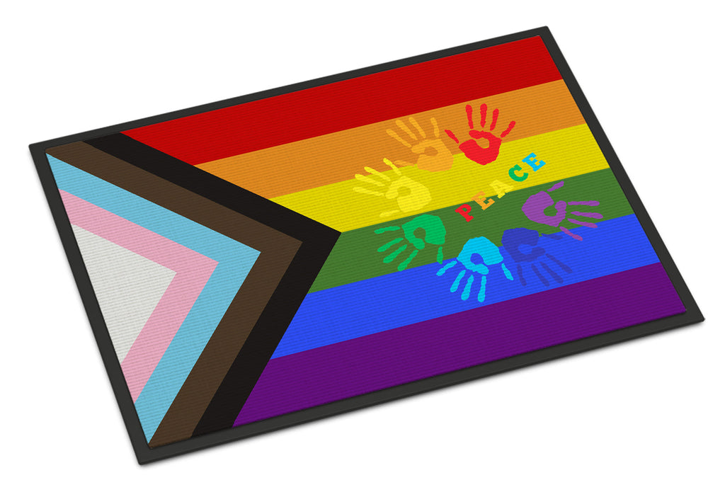 Gay Pride Peace Hands Progress Pride Doormat Indoor Outdoor 18H X 27W Front Door Mat Rugs for Entryway, Non Slip Washable