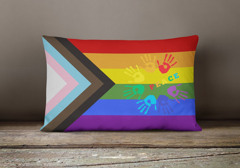 Gay Pride Peace Hands Progress Pride Decorative Throw Pillow 12x16 Indoor Outdoor Accent Cushion, Fabric Cover with Insert for Sofa, Bed, Porch & Living Room