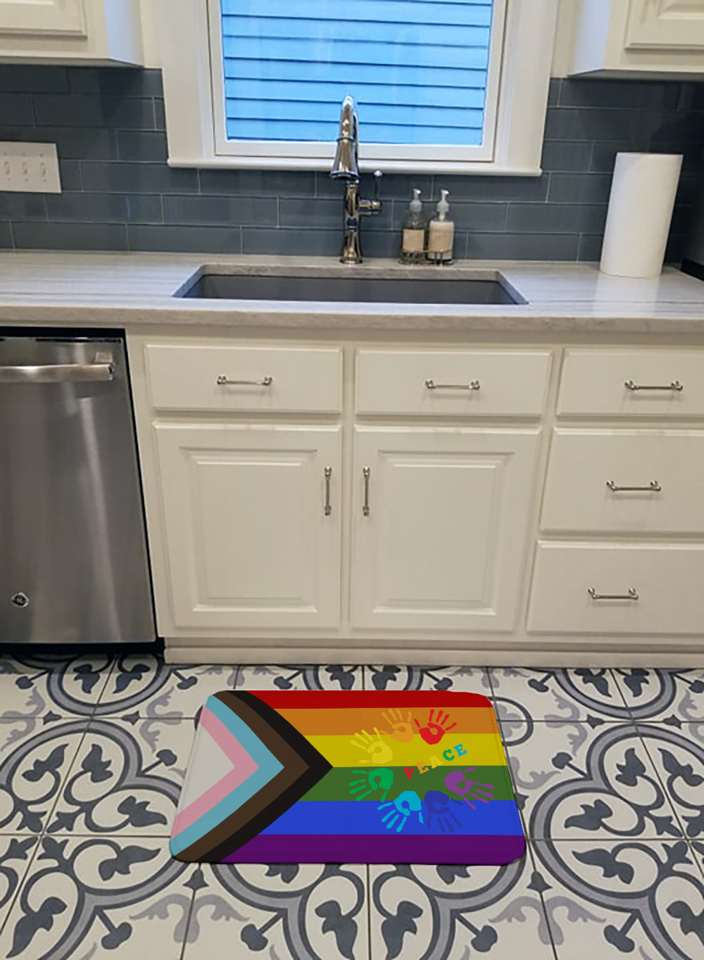 Gay Pride Peace Hands Progress Pride Memory Foam Kitchen Mat Machine Washable Anti-Fatigue Cushion Comfort Bath or Kitchen Rug