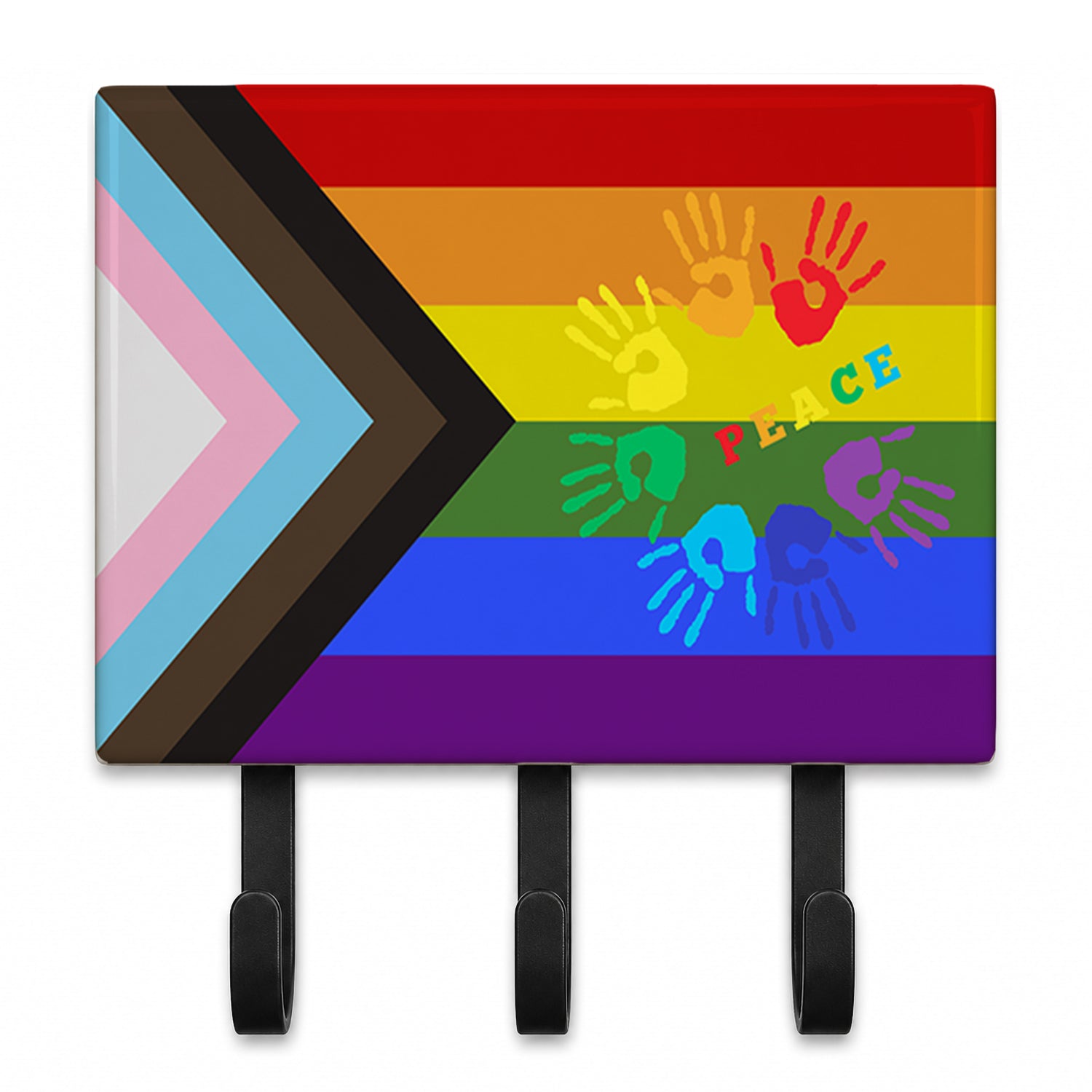 Gay Pride Peace Hands Progress Pride Leash or Key Holder Wall Hooks, Coat Rack Wall Mount, for Hanging Keys, Towels, Aprons, Leashes