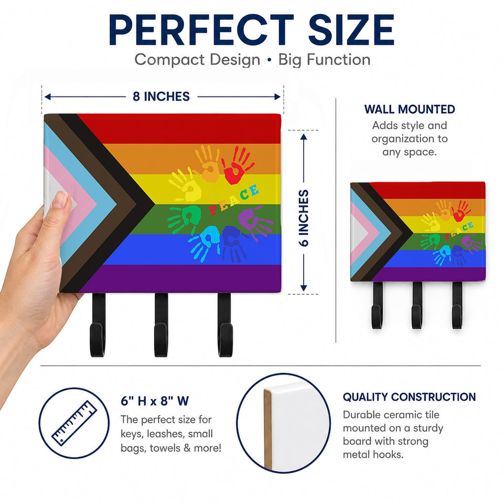 Gay Pride Peace Hands Progress Pride Leash or Key Holder Wall Hooks, Coat Rack Wall Mount, for Hanging Keys, Towels, Aprons, Leashes