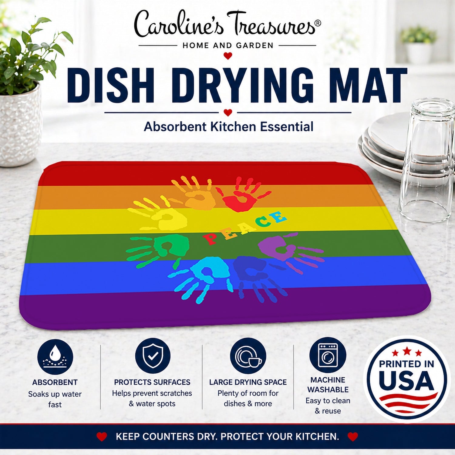 Gay Pride Peace Hands Dish Drying Mat Absorbent Dish Drying Mat Pad for Kitchen Counter Dish Drainer Mat for Countertop, 14 x 21", Multicolor