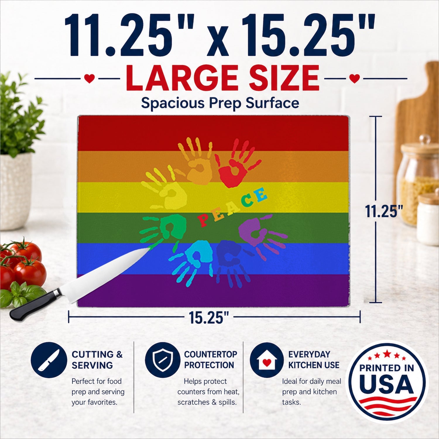 Gay Pride Peace Hands Cutting Board Tempered Glass Kitchen Cutting Surface, Heat Resistant Chopping, Non-Slip Feet, Food Prep & Serving