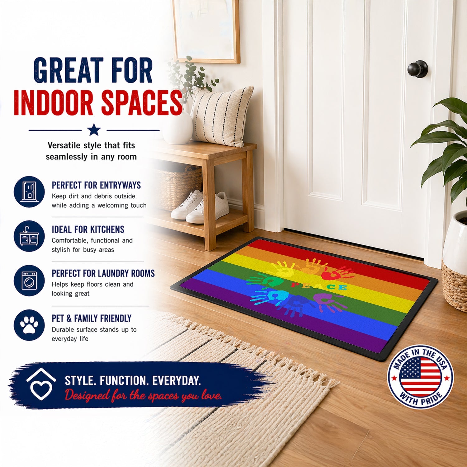Gay Pride Peace Hands Doormat Indoor Outdoor 18H X 27W Front Door Mat Rugs for Entryway, Non Slip Washable