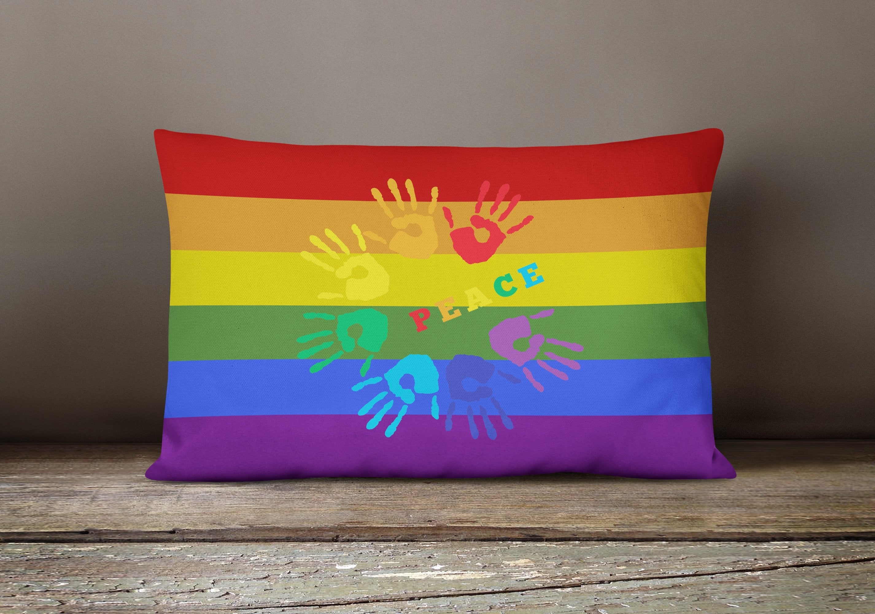 Gay Pride Peace Hands Decorative Throw Pillow 12x16 Indoor Outdoor Accent Cushion, Fabric Cover with Insert for Sofa, Bed, Porch & Living Room