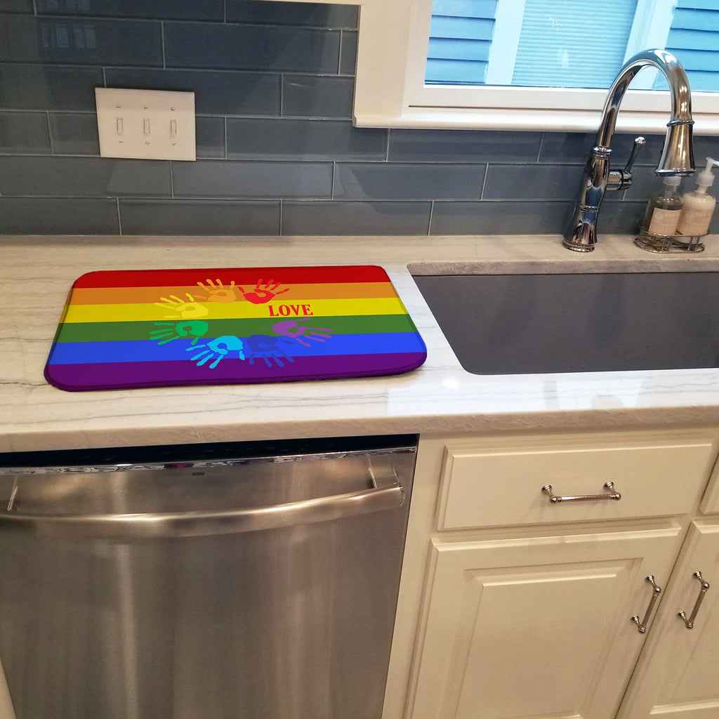 Gay Pride Love Hands Dish Drying Mat Absorbent Dish Drying Mat Pad for Kitchen Counter Dish Drainer Mat for Countertop, 14 x 21", Multicolor