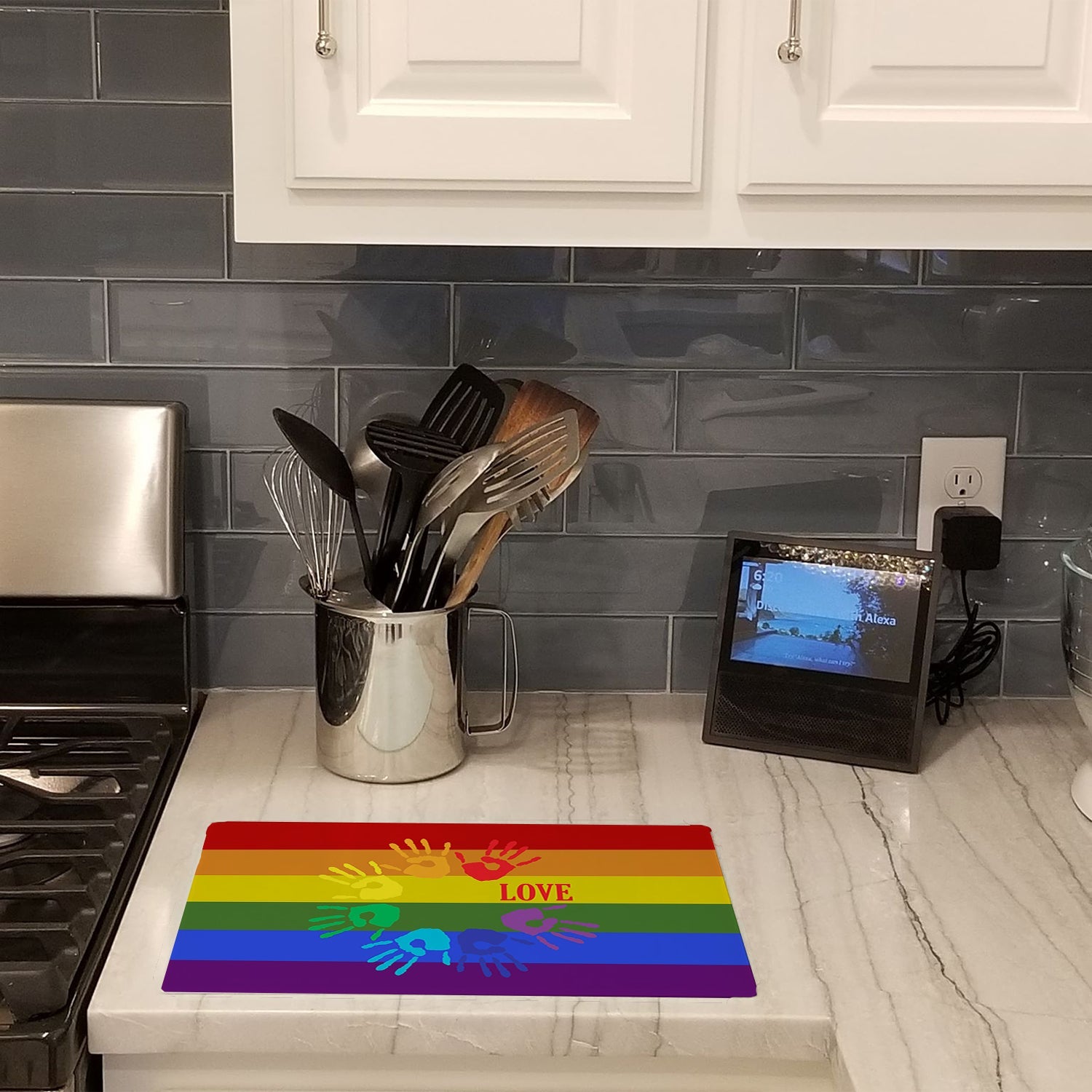 Gay Pride Love Hands Cutting Board Tempered Glass Kitchen Cutting Surface, Heat Resistant Chopping, Non-Slip Feet, Food Prep & Serving