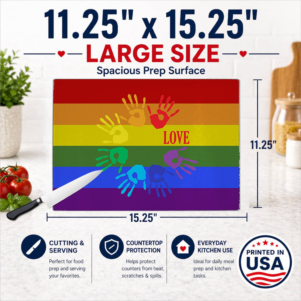 Gay Pride Love Hands Cutting Board Tempered Glass Kitchen Cutting Surface, Heat Resistant Chopping, Non-Slip Feet, Food Prep & Serving