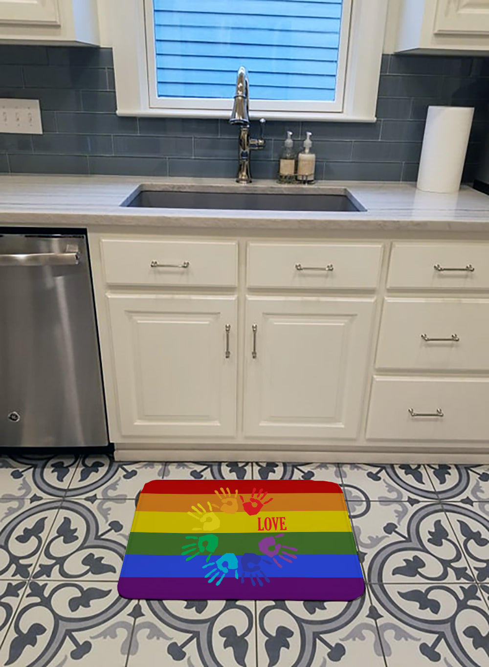 Gay Pride Love Hands Memory Foam Kitchen Mat Machine Washable Anti-Fatigue Cushion Comfort Bath or Kitchen Rug