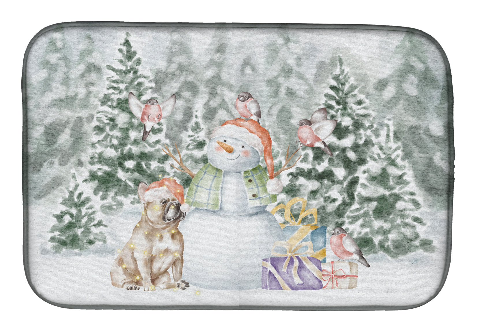 French Bulldog Fawn Snowman and Christmas Presents Dish Drying Mat Absorbent Dish Drying Mat Pad for Kitchen Counter Dish Drainer Mat for Countertop, 14 x 21", Multicolor