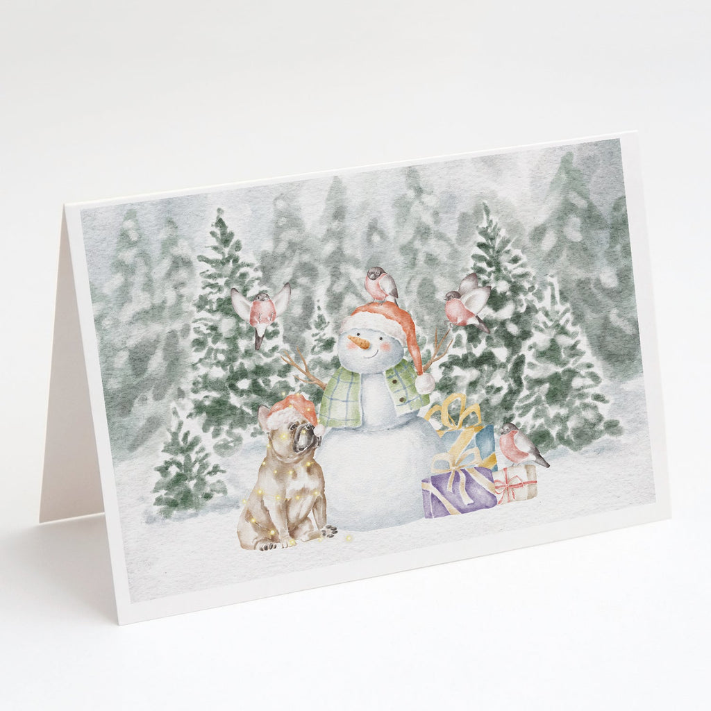 French Bulldog Fawn Snowman and Christmas Presents Greeting Cards Pack of 8 Blank Cards with Envelopes Whimsical A7 Size 5x7