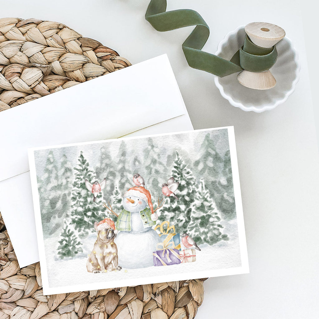French Bulldog Fawn Snowman and Christmas Presents Greeting Cards Pack of 8 Blank Cards with Envelopes Whimsical A7 Size 5x7