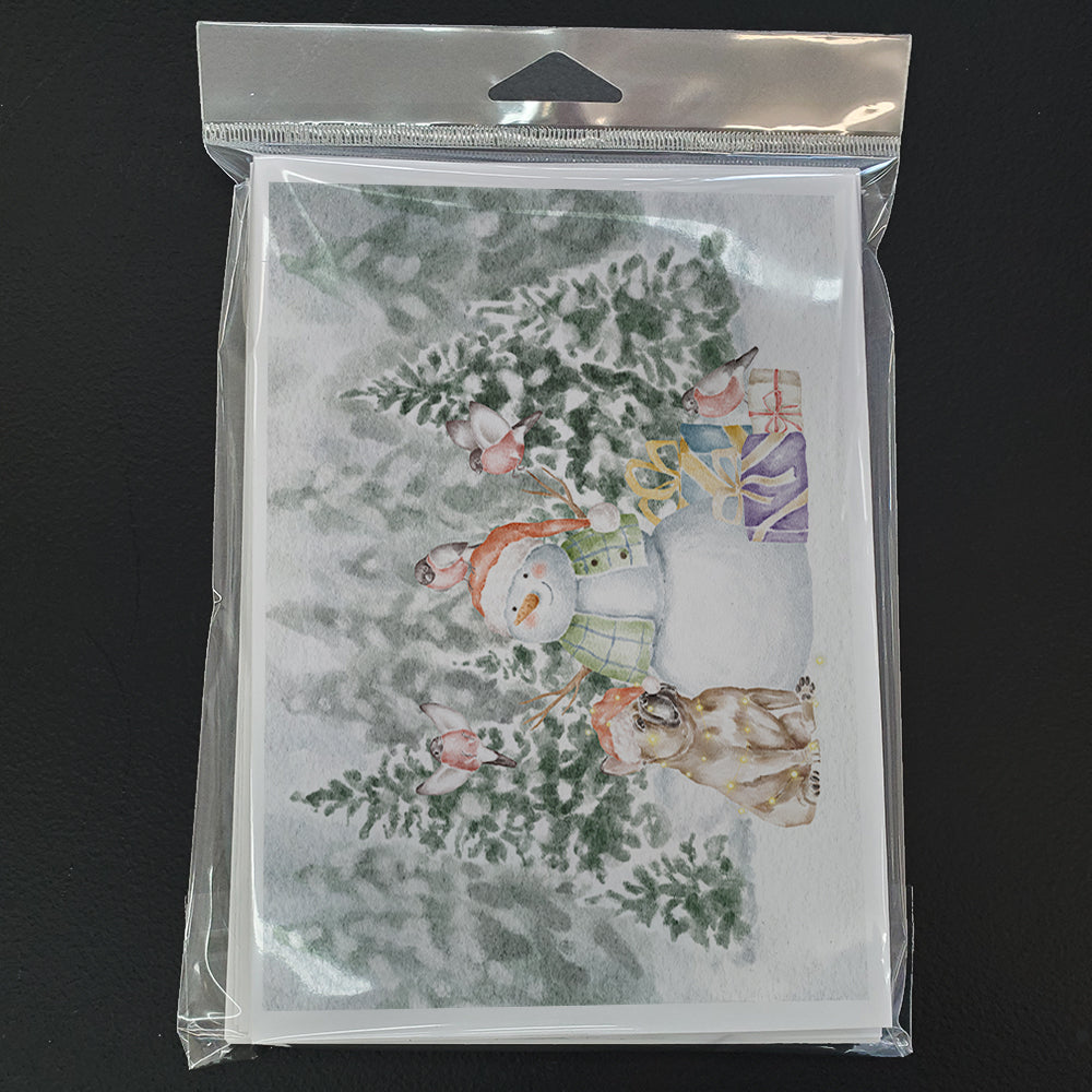 French Bulldog Fawn Snowman and Christmas Presents Greeting Cards Pack of 8 Blank Cards with Envelopes Whimsical A7 Size 5x7