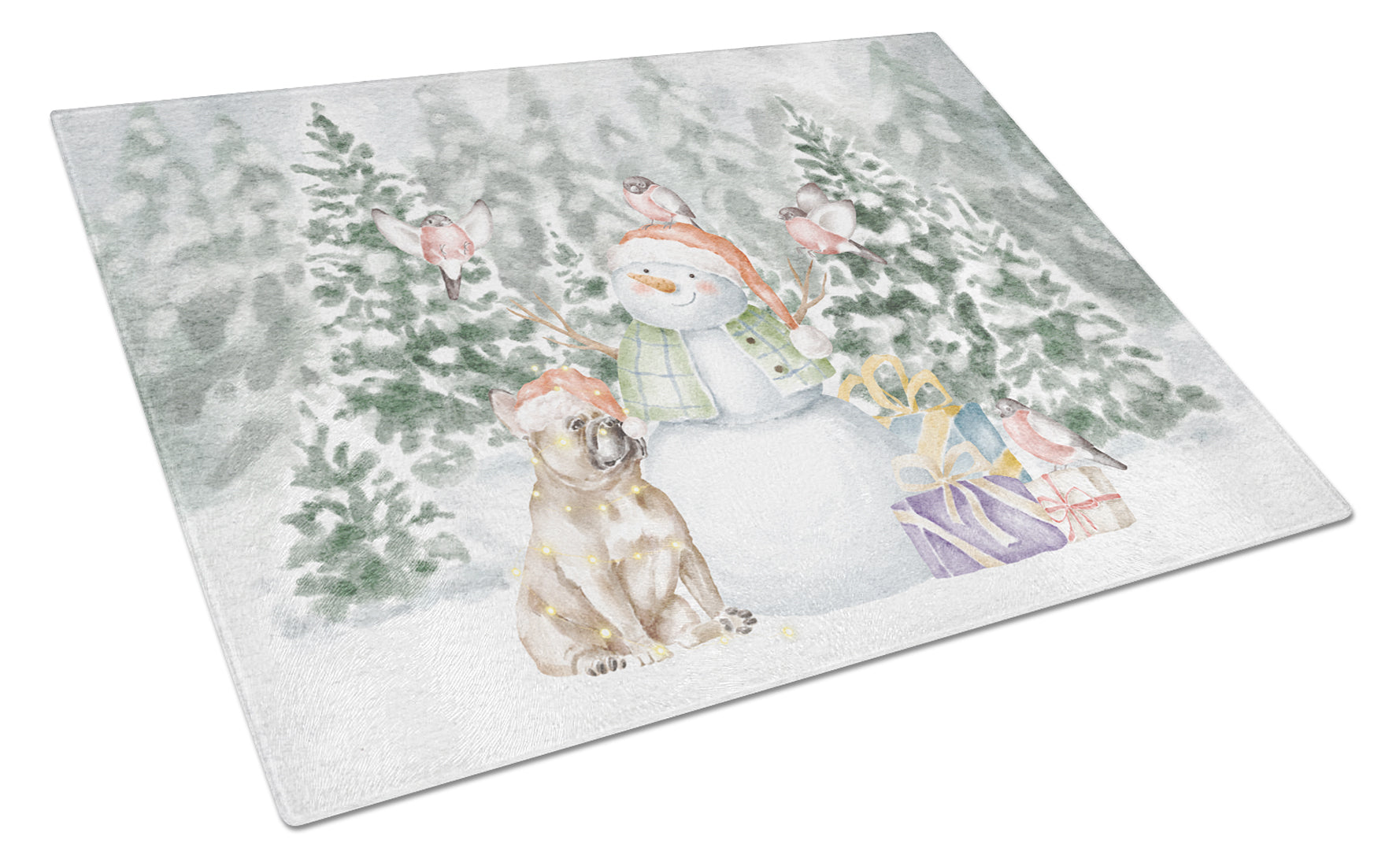 French Bulldog Fawn Snowman and Christmas Presents Cutting Board Tempered Glass Kitchen Cutting Surface, Heat Resistant Chopping, Non-Slip Feet, Food Prep & Serving