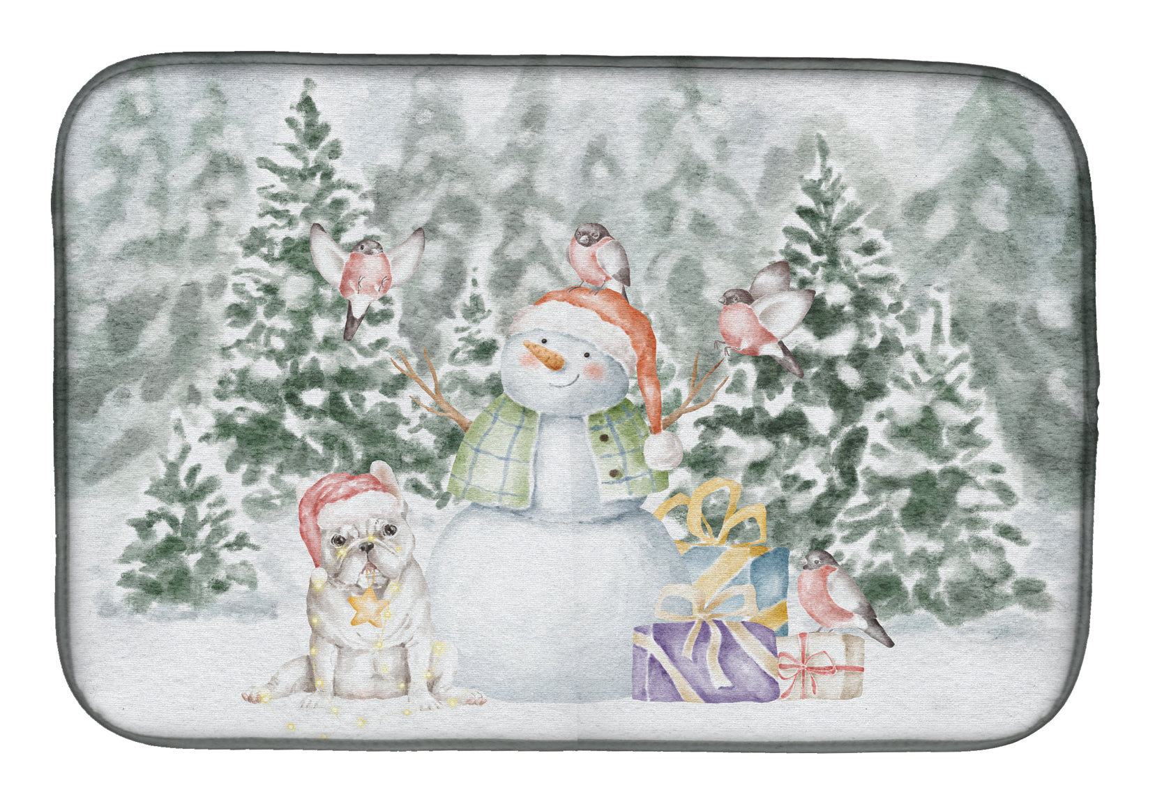 French Bulldog White Christmas Dish Drying Mat Absorbent Dish Drying Mat Pad for Kitchen Counter Dish Drainer Mat for Countertop, 14 x 21", Multicolor