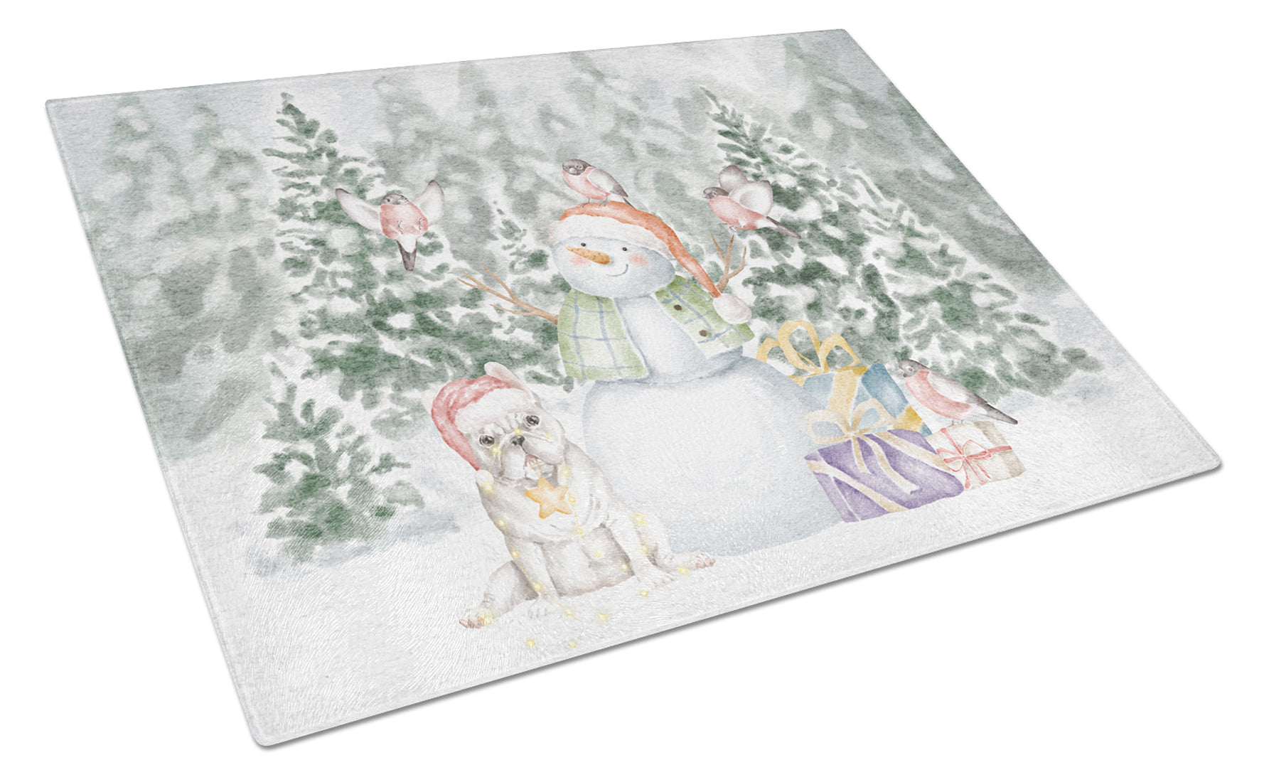 French Bulldog White Christmas Cutting Board Tempered Glass Kitchen Cutting Surface, Heat Resistant Chopping, Non-Slip Feet, Food Prep & Serving