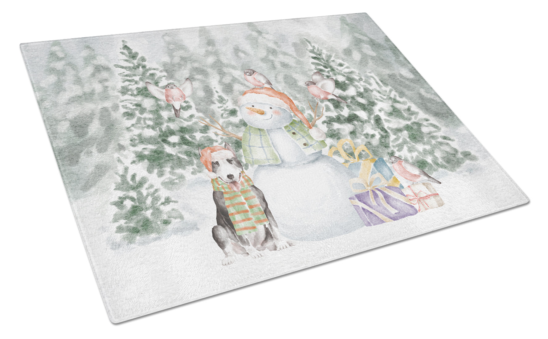 Bull Terrier Black and White Christmas Cutting Board Tempered Glass Kitchen Cutting Surface, Heat Resistant Chopping, Non-Slip Feet, Food Prep & Serving