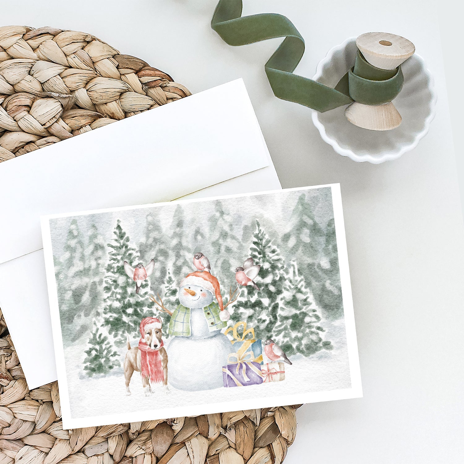 Bull Terrier Tan and White Christmas Greeting Cards Pack of 8 Blank Cards with Envelopes Whimsical A7 Size 5x7