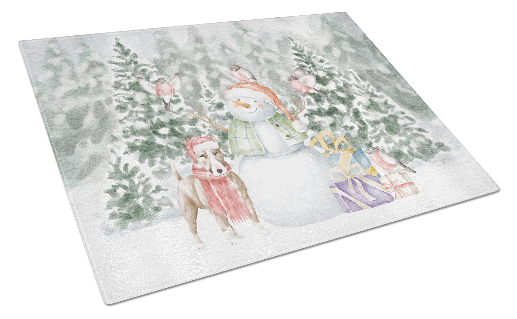 Bull Terrier Tan and White Christmas Cutting Board Tempered Glass Kitchen Cutting Surface, Heat Resistant Chopping, Non-Slip Feet, Food Prep & Serving