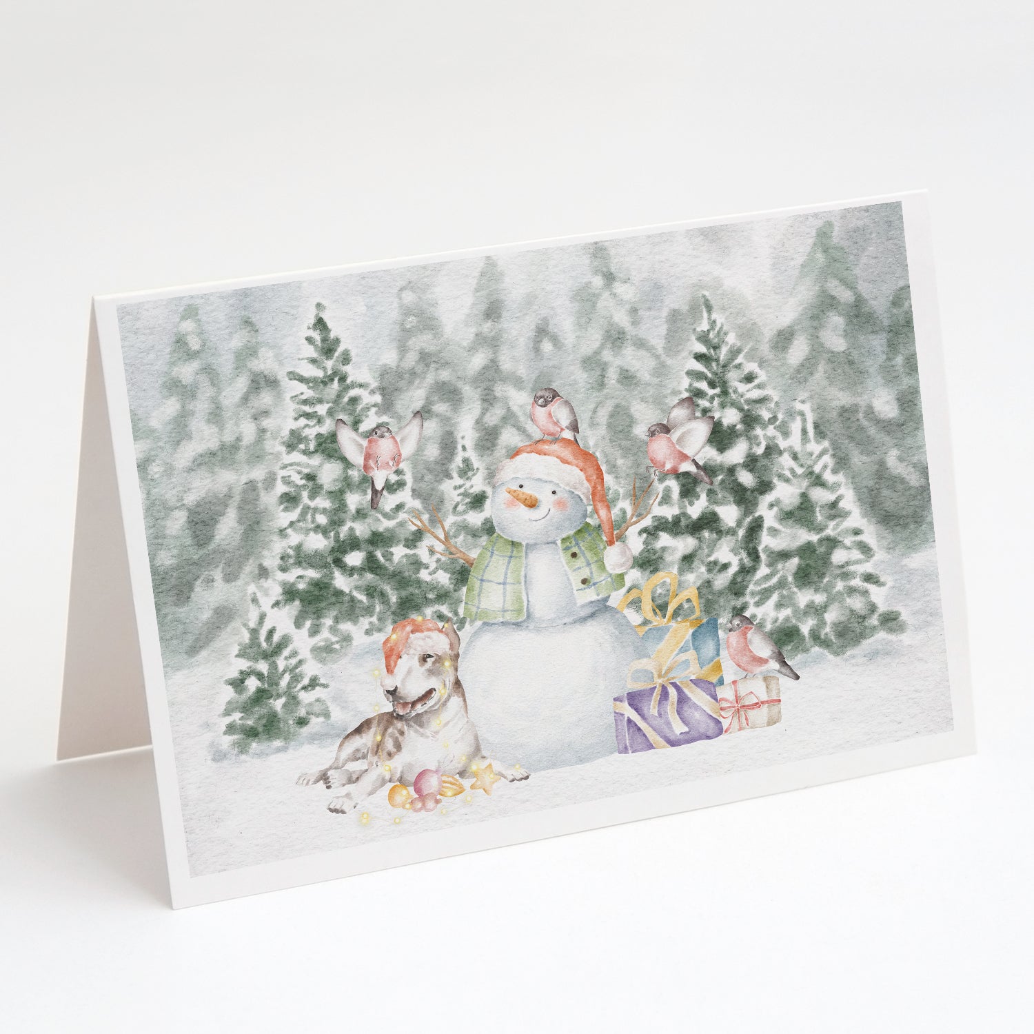 Bull Terrier Brindle and White Christmas Greeting Cards Pack of 8 Blank Cards with Envelopes Whimsical A7 Size 5x7