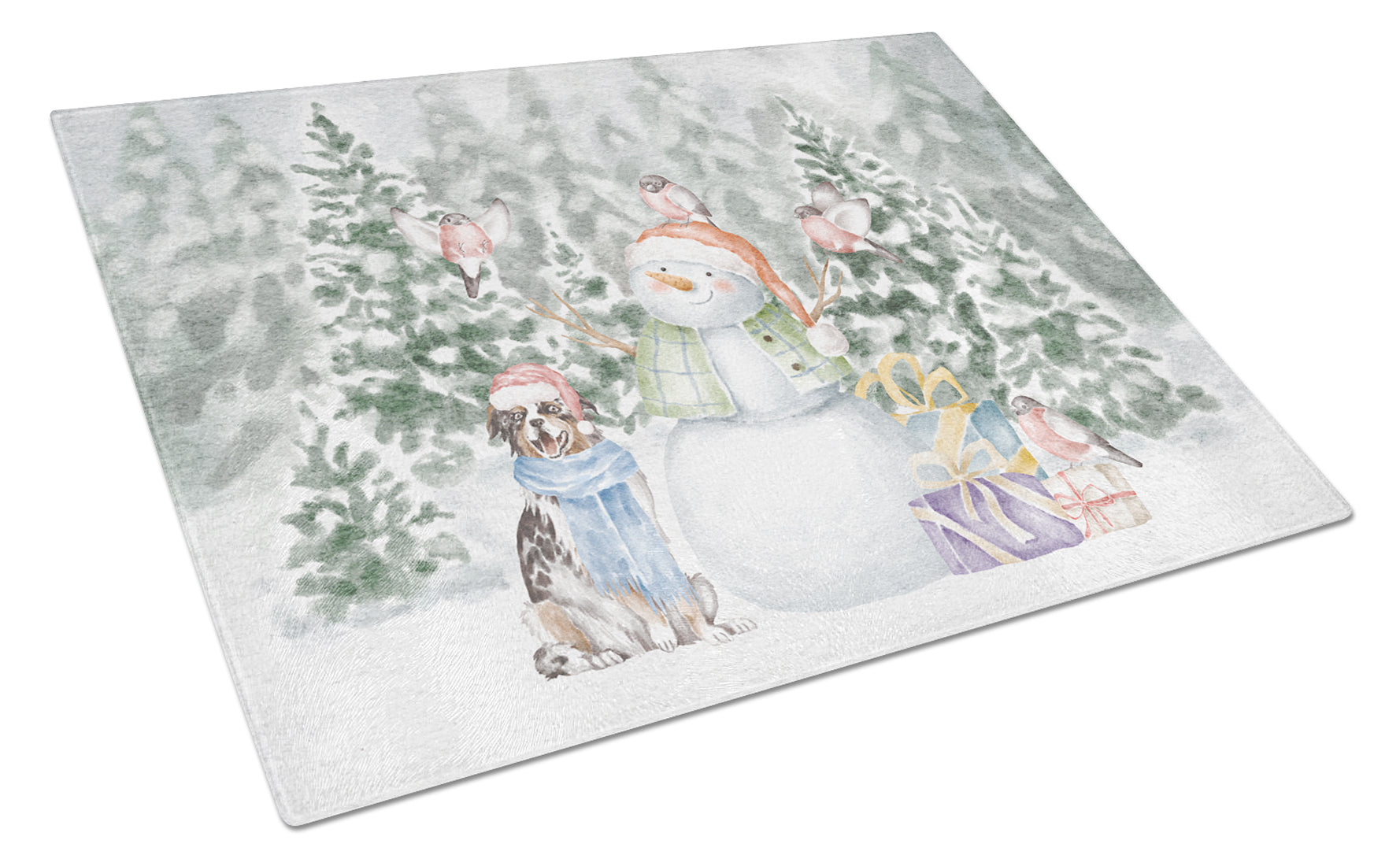 Australian Shepherd Blue Merle Christmas Cutting Board Tempered Glass Kitchen Cutting Surface, Heat Resistant Chopping, Non-Slip Feet, Food Prep & Serving