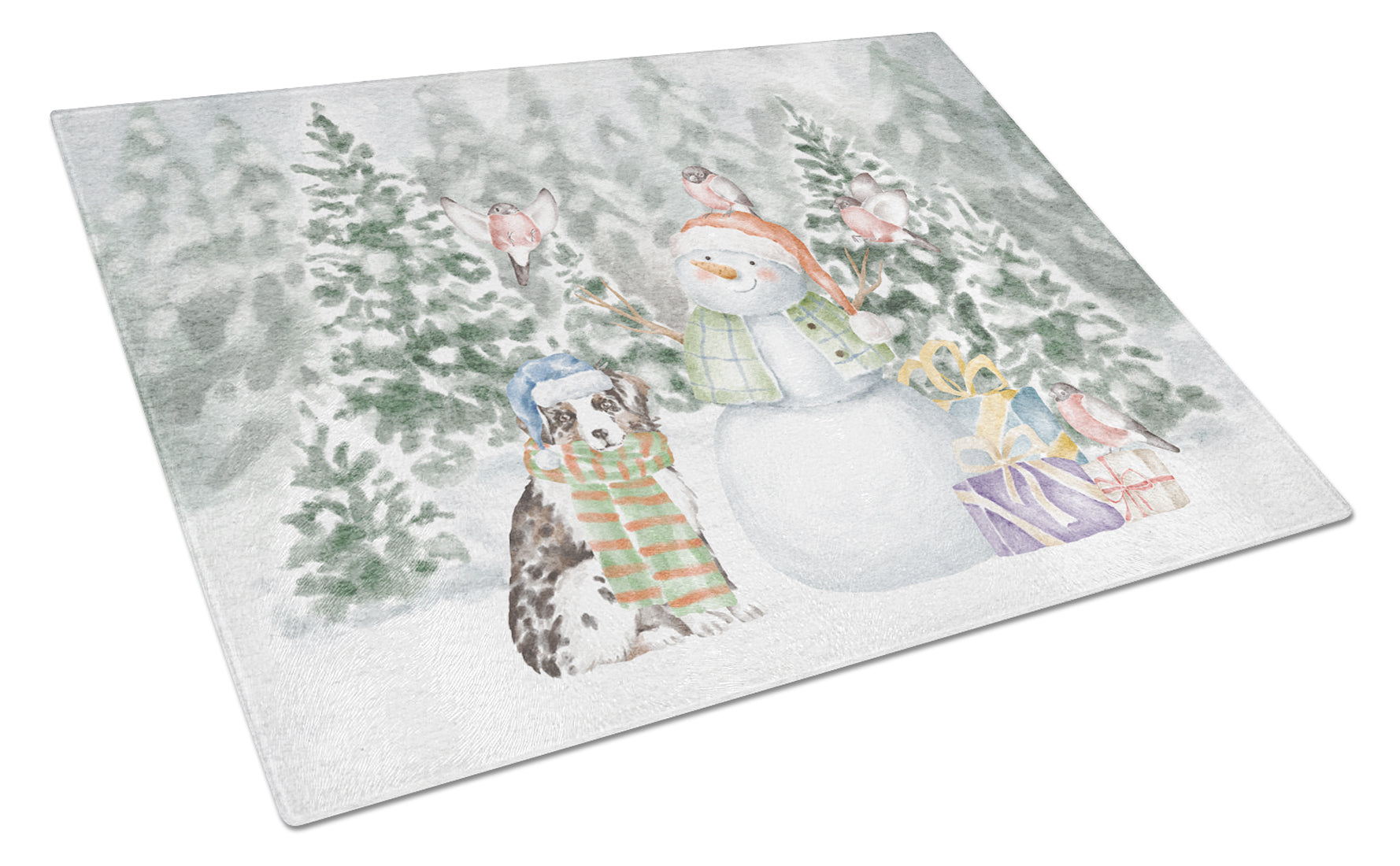 Australian Shepherd Puppy Blue Merle Christmas Cutting Board Tempered Glass Kitchen Cutting Surface, Heat Resistant Chopping, Non-Slip Feet, Food Prep & Serving