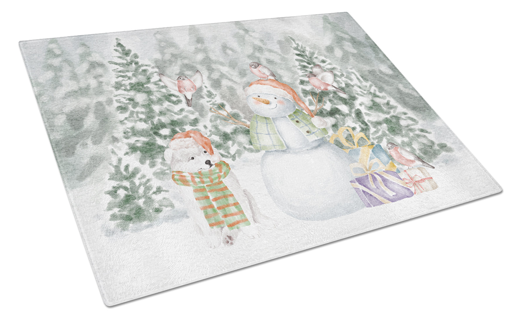Samoyed Puppy Christmas Cutting Board Tempered Glass Kitchen Cutting Surface, Heat Resistant Chopping, Non-Slip Feet, Food Prep & Serving