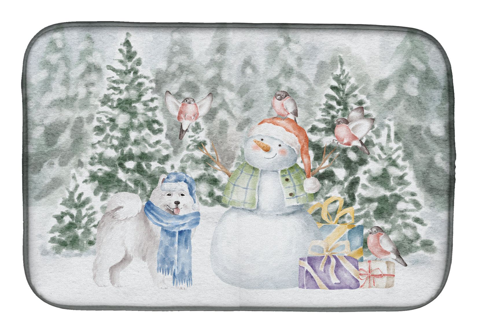 Samoyed Standing Christmas Dish Drying Mat Absorbent Dish Drying Mat Pad for Kitchen Counter Dish Drainer Mat for Countertop, 14 x 21", Multicolor