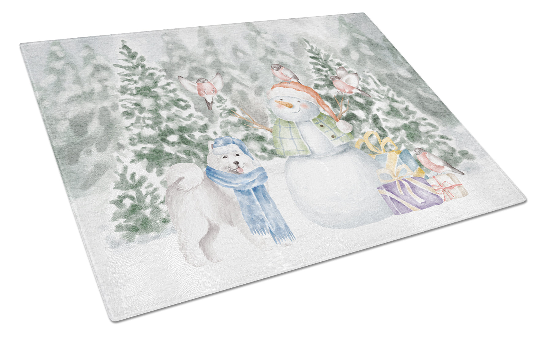 Samoyed Standing Christmas Cutting Board Tempered Glass Kitchen Cutting Surface, Heat Resistant Chopping, Non-Slip Feet, Food Prep & Serving