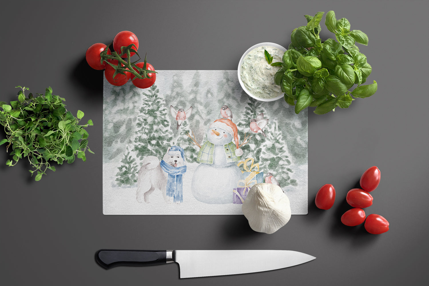 Samoyed Standing Christmas Cutting Board Tempered Glass Kitchen Cutting Surface, Heat Resistant Chopping, Non-Slip Feet, Food Prep & Serving