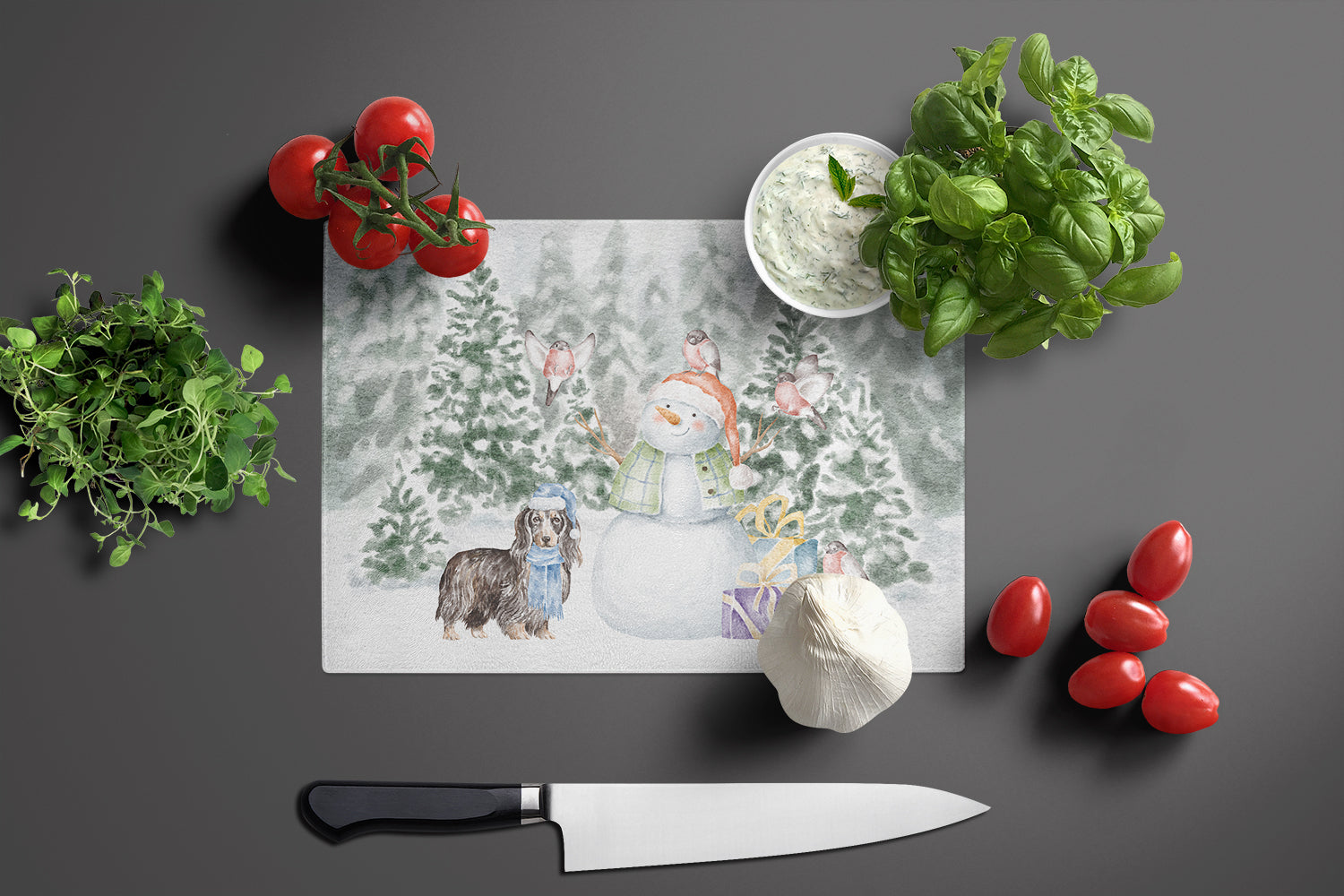Dachshund Longhaired Christmas Cutting Board Tempered Glass Kitchen Cutting Surface, Heat Resistant Chopping, Non-Slip Feet, Food Prep & Serving