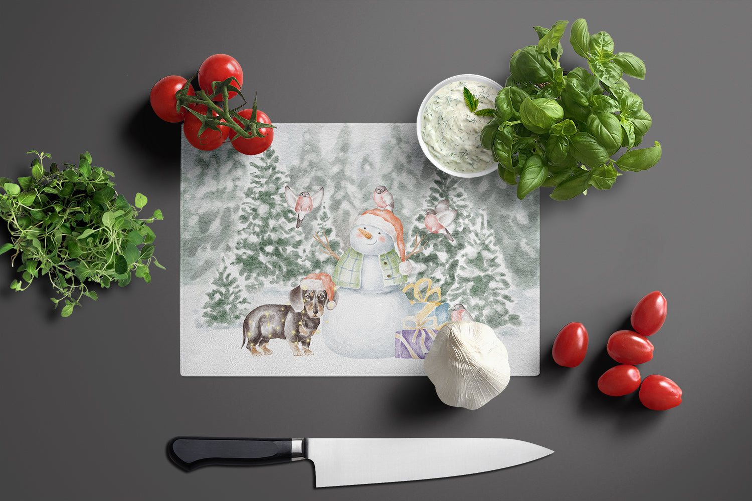 Dachshund Black and Tan Standing Christmas Cutting Board Tempered Glass Kitchen Cutting Surface, Heat Resistant Chopping, Non-Slip Feet, Food Prep & Serving