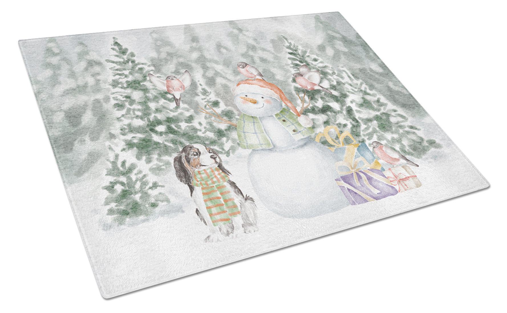 Cavalier King Charles Spaniel Tricolor Christmas Cutting Board Tempered Glass Kitchen Cutting Surface, Heat Resistant Chopping, Non-Slip Feet, Food Prep & Serving