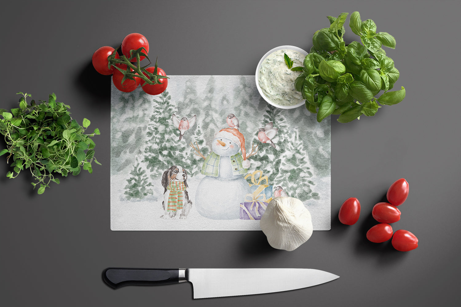 Cavalier King Charles Spaniel Tricolor Christmas Cutting Board Tempered Glass Kitchen Cutting Surface, Heat Resistant Chopping, Non-Slip Feet, Food Prep & Serving
